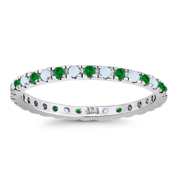 Stackable Band Wedding Ring Round Full Eternity Lab White Opal & Simulated Green Emerald CZ 925 Sterling Silver